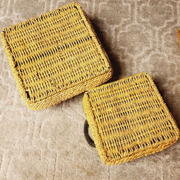 Square Wicker Nesting Baskets LOT OF 2 BLACK METAL HANDLES TRIM rustic cottage - Picture 7 of 11